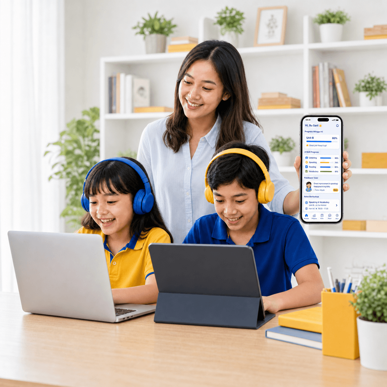 Anak belajar online dengan laptop
